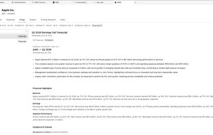SEC filings on a company page: filing types (10-K, 10-Q, 8-K, 13G) and earnings-call transcripts with AI analysis grounded in the filing text.