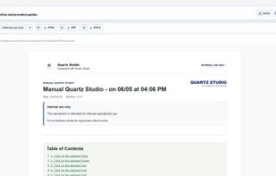 Generate clean, shareable support documents without sending your data to the cloud. Quartz Studio exports polished guides and reports in HTML, PDF, and DOCX formats.