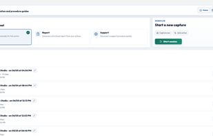Choose a workflow, start a manual or automatic capture, and manage previous documentation sessions from one clean dashboard.