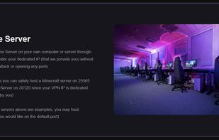 Host a Game Server on your own computer or server through our VPN under your dedicated IP (that we provide you) without risking an attack or opening any ports
That means you can safely host a Minecraft server on 25565 or a FiveM Server on 30120 since your VPN IP is dedicated (only used by you)
(The game servers above are examples, you may host whatever you would like on the default port)