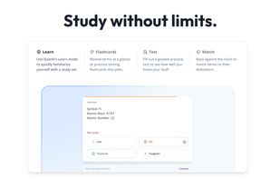 Title reads: "Study without limits." Shows an example multiple choice card from the Learn study mode depicting an incorrect selection resulting in a pointer to the right answer.