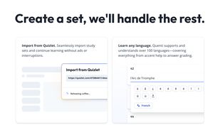 Title reads: "Create a set, we'll handle the rest." Graphics show an "Import from Quizlet" dialog and accent help menu in the study set editor.