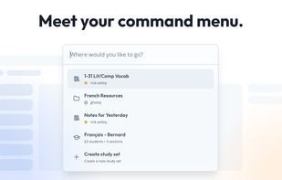 Title reads: "Meet your command menu." Shows a centered modal displaying a list of recent study sets and folders which the user has seen.