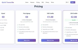 Pricing: free guest use, free signup credits, and pay-as-you-go credit packs