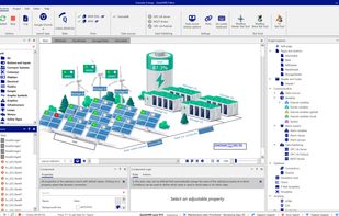 QuickHMI Editor with the included Example_Energy project: wind turbines, PV panels and battery storage built from SVG controls. On the right, the project explorer with data sources, alarm system and the Enterprise data publishing (OPC UA Server, MQTT Broker, OPC UA PubSub).