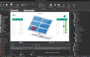 Solar panel detail page in the editor's dark theme: per-segment output and status, with an alarm state highlighted on the panel graphic.