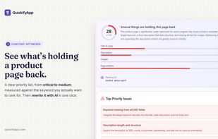 Content Optimizer showing what's holding a product page back, sorted by priority.
