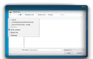 Main menu: select any path to change it in the file dialog. Short Path is enabled here to minimize the menu.