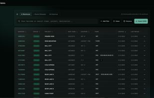Pallet inventory table with filters for warehouse status, project, location, and item type. Search by barcode, export to CSV, and customize column views.