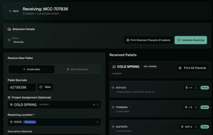 Shipment receiving workflow with barcode scanning, pallet creation, and project assignment. Received pallets grouped by project with item counts, locations, and status tracking.