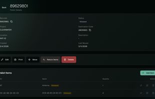 Pallet detail view showing barcode, status, project, destination code, and location. Action bar for editing, printing, moving, and returning items with line-item breakdown.