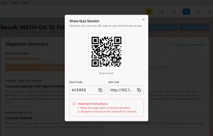 Live Quiz Setup
Share a 6-character join code, QR code, or local link with students.