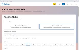 Assessment Creation Screen
Specify grade, subject, content, and question types for AI-generated question papers or diagnostic quizzes.