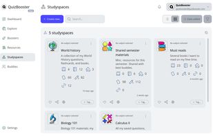 QuizBooster Studyspaces: Dedicated course rooms that keep your textbooks, notes, flashcards, and questions organized by subject without scattered files.