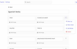 Editing page inputting language learning terms for Spanish on Quizfreely