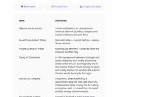 List of history terms on a public studyset on Quizfreely
