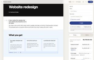 The editor: the proposal as a page on the left, pricing lines with optional items on the right.