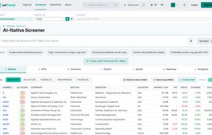 Screener results with sortable columns across 170+ criteria; every filter stays visible and adjustable.