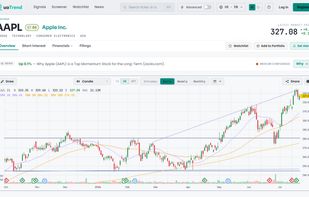 Quote page with an interactive chart, drawing tools and indicators, key fundamentals, and a one-line explanation of the day's move.