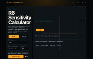 Conversion console: pick your source game (CS2, Valorant, Overwatch 2, Apex), enter sensitivity and DPI, and get your Rainbow Six Siege equivalent instantly.