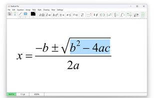 Radical Pie screenshot showing quadratic formula.