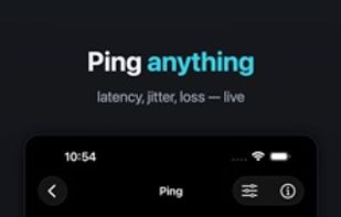 Ping showing 4.2 ms to 192.168.0.1, with min, average, max, jitter and loss, a live latency chart and a per-probe log.