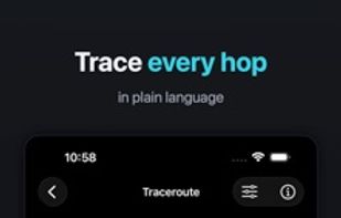 Traceroute over 7 hops, segmented into your router, your ISP and the internet, with reverse-DNS names and a plain-language verdict.