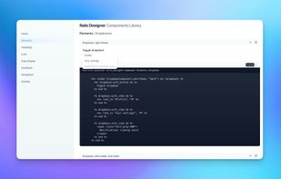 Screen of the Rails Designer Components Library. Showing a opened Dropdown component with the variant's code in the background.