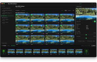 The main window: source videos, detected rallies and saved movies in the left
panel; the rally grid in the centre; and the inspector on the right with a
preview player, the rally's start and end times, and trim controls. The movie
timeline runs along the bottom.
