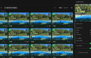 Detected rallies shown as thumbnails with their start time, end time and
duration. Rallies can be sorted by time or length, marked as favourites, and
added to the timeline in bulk. The inspector shows the selected rally's
boundaries, with sliders to nudge the start and end, and a button to discard a
false positive.