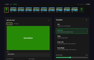 Assembling the movie: intro and outro cards with editable text, colours and
duration, and per-clip transitions — cut, dissolve, fade, or push left/right —
with an adjustable duration.