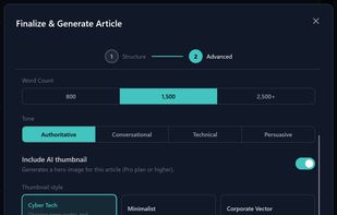 Choose your article tone, length and thumbnail style with Rank Ahead