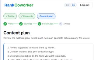 Monthly plan
10 content suggestions for your blog, site and social networks, prioritized by opportunity.