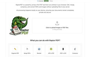 The main page has a minimalistic design. You can see what you can do with RaptorPDF at one shot.