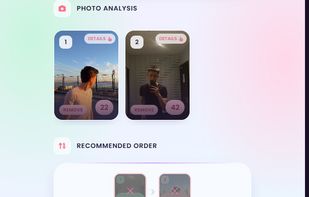 Per-photo scores, the recommended order, and a strengths vs needs-work breakdown
