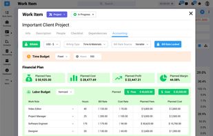 Create project budgets to track costs and profitability.