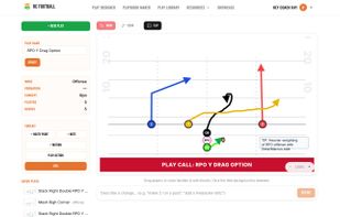 The play designer: drag players, draw routes, add notes, or describe a change in plain English.