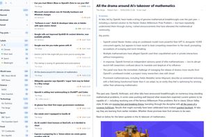 Three-panel reading view with an AI summary; the same story from several sites shows as one row