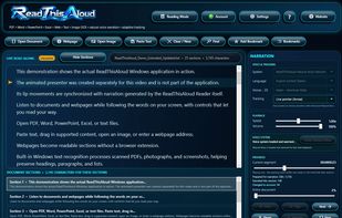 ReadThisAloud Windows Reader showing document narration, natural voice selection, synchronized text tracking, playback controls, bookmarks, and document sections.
