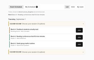 Attendee agenda with tracks, rooms, and pick-one breakout slots