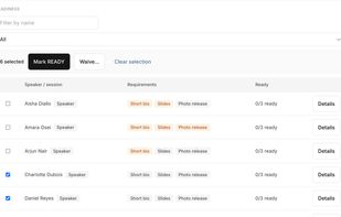 Speaker Readiness board: every presenter's status at a glance, approve with a click