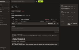A person's page: deals, tasks, emails and notes on one timeline