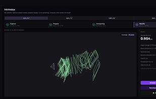 3D view — Intrinsic results: every board view captured during the live sweep, reconstructed in 3D around the camera.