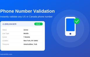 Phone Number Validation — instantly validate any US or Canada phone number with full carrier and line type details.