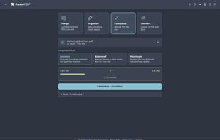 Compress: Shrink PDF file sizes by up to 75%. Choose from Lossless, Balanced, or Maximum      
  compression with a real-time size estimate before saving. Shown in Nord theme.