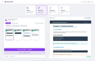 Organise: Split, reorder, and rotate PDF pages with a live preview. Drag pages to rearrange,
  select specific ranges, and save as one PDF or individual files. Shown in Catppuccin Latte theme.