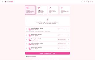 Merge: Combine multiple PDFs into a single document. Drag and drop files, reorder them, and     customise which pages to include from each file. Shown in Sakura theme.