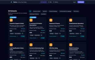 Category-filtered dataset browsing with per-dataset pricing, pair counts, and token estimates shown upfront