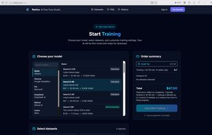 Model selection and training configuration with live cost and VRAM estimates