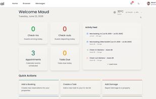 Recal’s Home Dashboard gives managers an instant overview of daily operations. Track today’s check-ins, check-outs, appointments, and tasks at a glance, while the activity feed highlights recent bookings and property updates. Quick Actions provide one-click access to creating bookings, tasks, and damage reports, making it the operational command center for managing luxury villas efficiently.